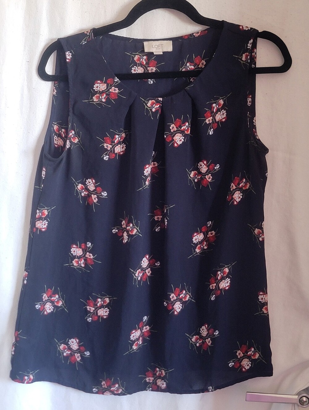 LOFT Navy Floral Pleated Neck Sleeveless Top